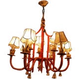 Vintage Red/Gilt Faux Bamboo Metal 9 Light Chandelier Bell