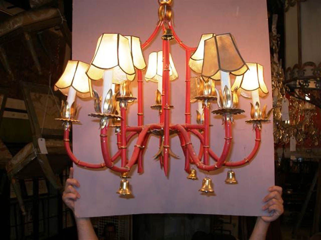 Red/Gilt Faux Bamboo Metal 9 Light Chandelier Bell