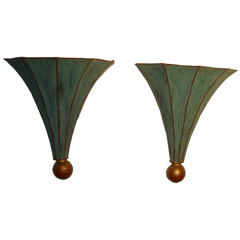 Pair of Green/Gold Painted Tole Pocket Sconces For Sale