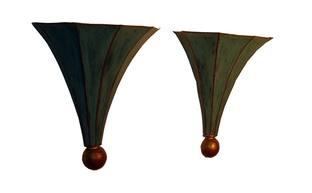 Pair of green and gold painted tole pocket sconces