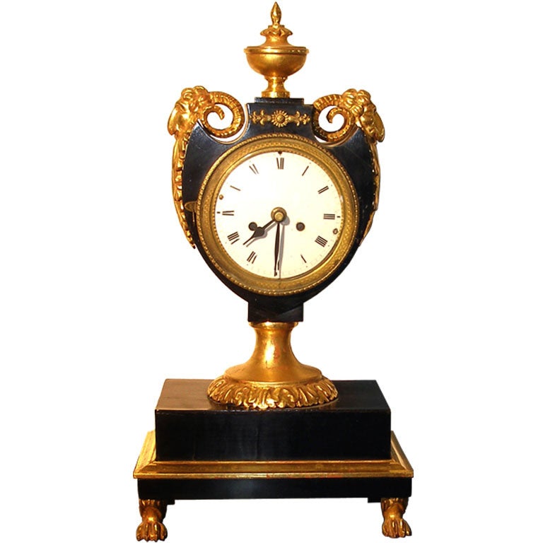 French Empire Lacquer and Gilt Lyre Form Mantle Clock For Sale