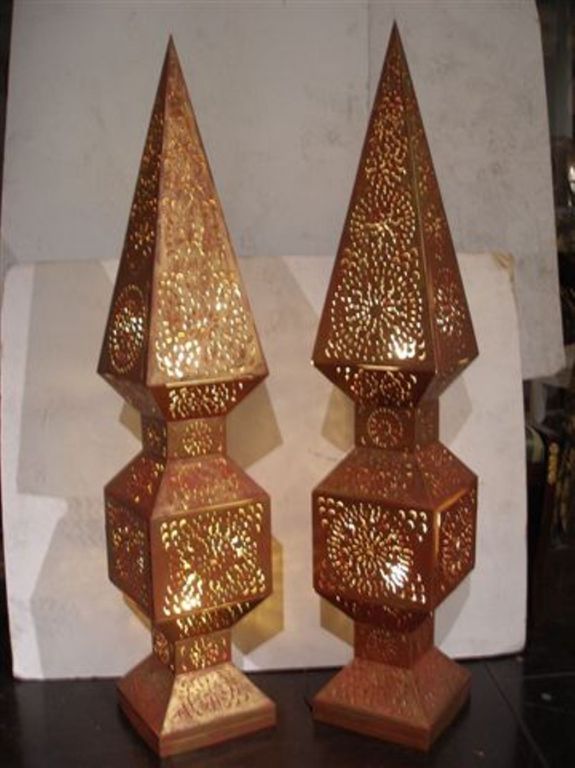 Pair of Obelisk Form Reticulated Tole Lamps