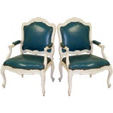 Vintage Pair of Painted Arm Chairs with Teal Leather