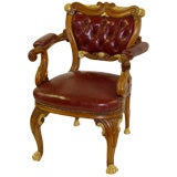 19th C. English Leather and Gilt Open Arm Chair w/ Hoof Feet