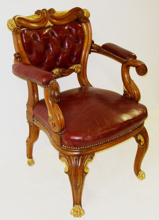 19th C. English Leather and Gilt Open Arm Chair w/ Hoof Feet