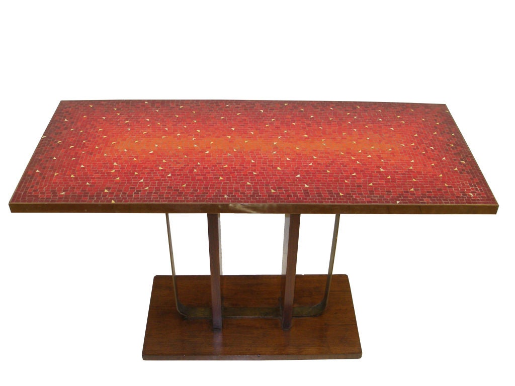 Walnut Art Deco U-Form Table with a Red Mosaic Top