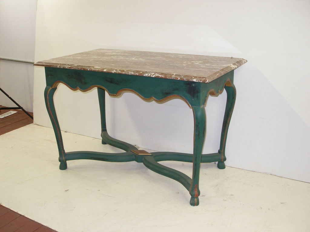 Decorated Gilt Center Table with Beveled MT, X Form Stretcher