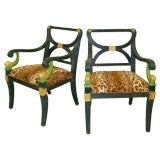 Pair of Green Dec Leopard Arm Chairs