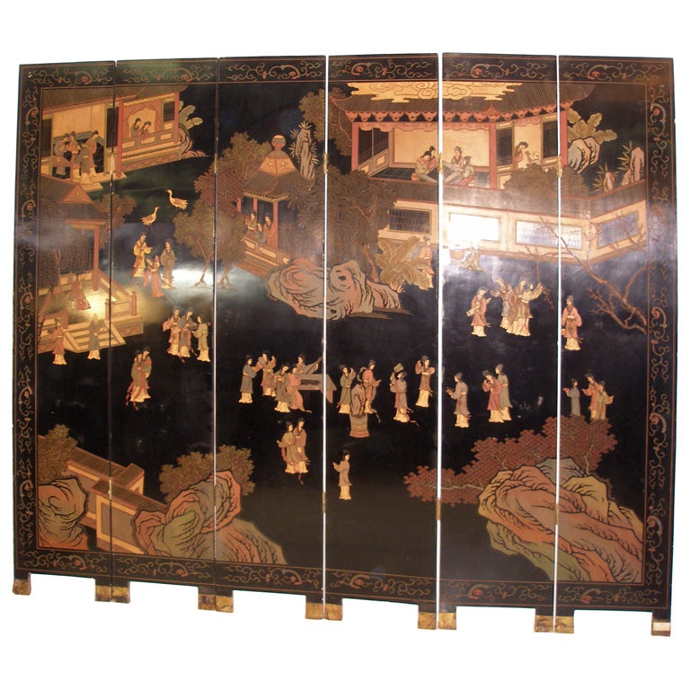 6 Panel Coromandel Laquer Oriental Room Divider For Sale