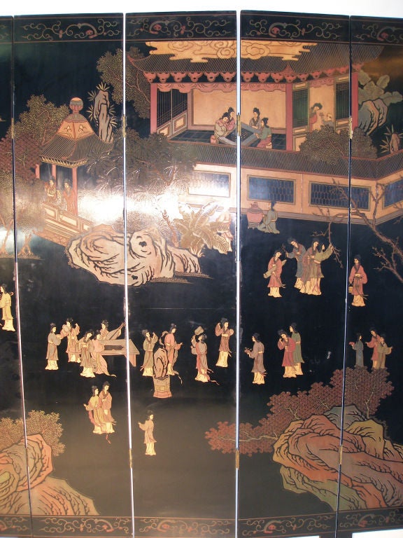 Six panel coromandel laquer room divider depicting various Chinese scenes.