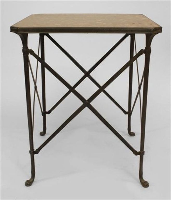 French Directoire style dark bronze brazier design square shaped gueridon end table with rouge marble top and cross leg supports.