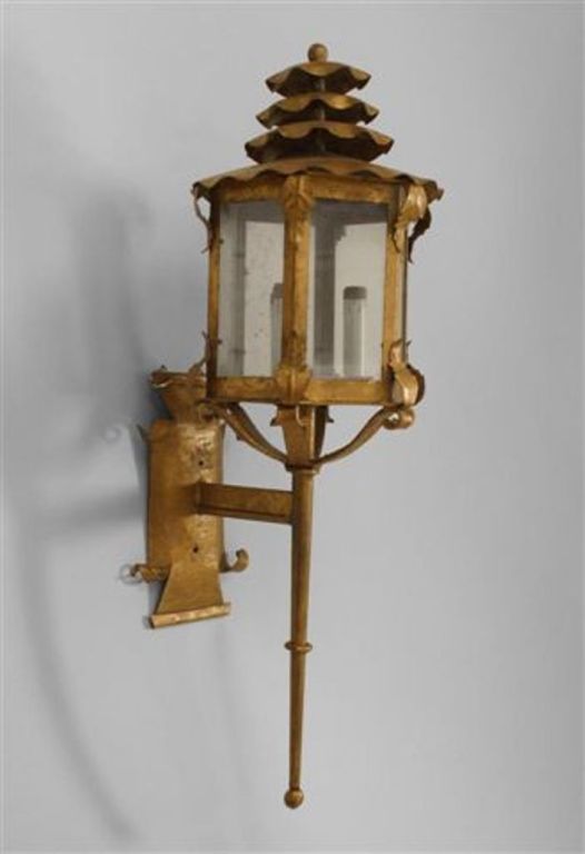 Pair of Italian 1940s Gilt Metal Coach Lamp Design Wall Sconces
