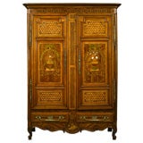 Antique French, Late 18th Century, Fruitwood, Marquetry Armoire