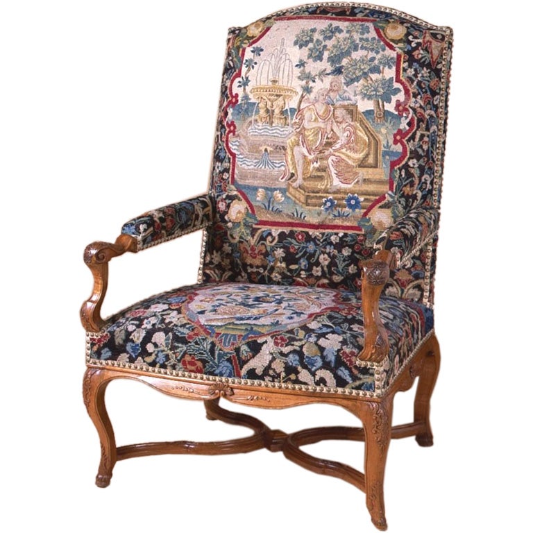 French Régence Period, Walnut Fauteuil with Needlepoint For Sale