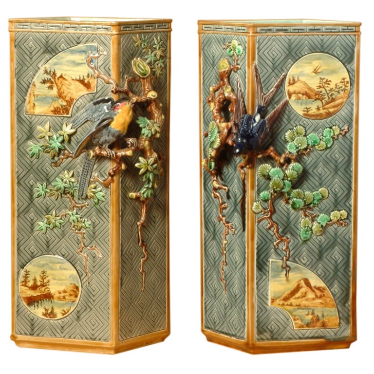 Pair of French Barbotine (Majolica) Vases For Sale