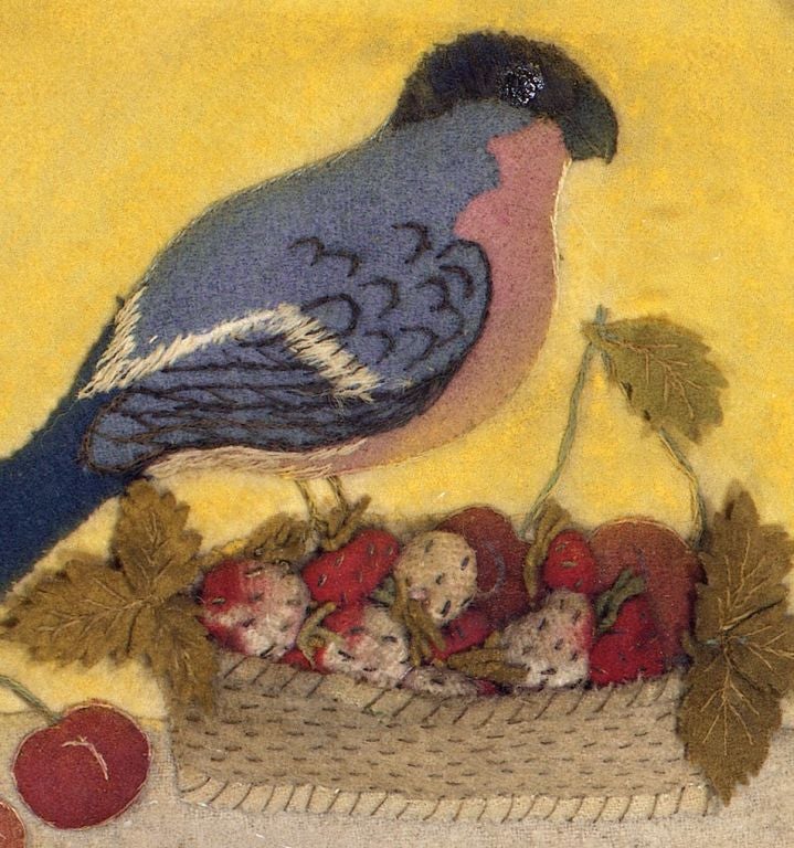 A delightful rendition of a bullfinch perched on a basket of strawberries; the focus, of course, is the richly colored bird but details such as the pairs of cherries joined at their stems and the stylish scroll contribute to the composition.
