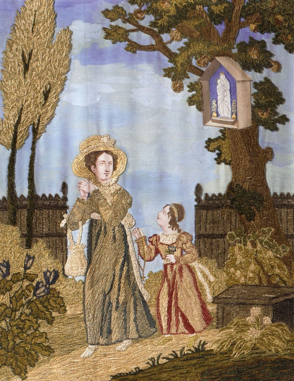 This splendid silk embroidered picture depicts “The Pious Pensioners,” a young lady and a girl in an outdoor setting, with a little shrine set up in a tree. Accomplished in Fine needlework and skillfully painted elements, it is an unusual and