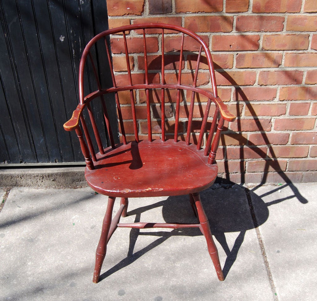 Painted Windsor arm chair from New England, bow-back with 7 spindles, saddle seat, bamboo turned legs, circa 1790