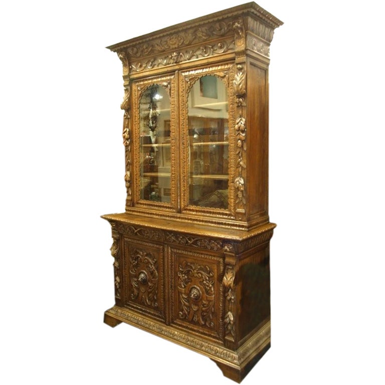 Carved French oak china cabinet For Sale