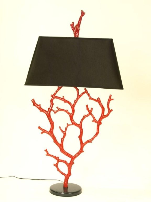Iron coral work from the 19th century adapted for table lamps with actual coral finials and custom black shades. Newly wired.<br />
<br />
TWO OF THESE LAMPS ARE AVAILABLE, $1,995 EACH<br />
1 LAMP SINGLE STEM / 1 LAMP DOUBLE STEM BASE