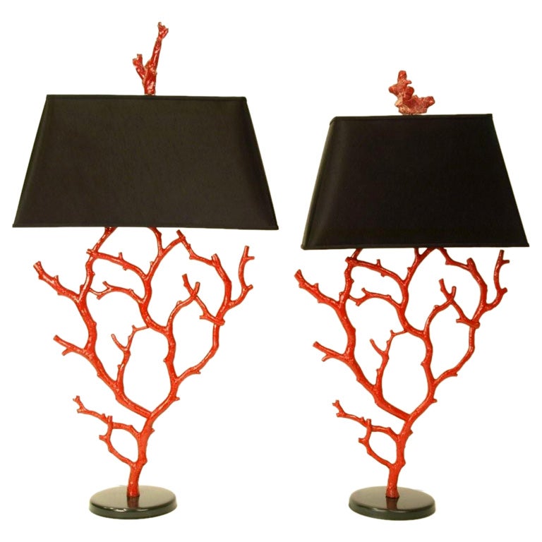 Painted Antique Iron Lamps with Coral Motif