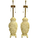 Pair of impressive carved white alabaster lamps by Marbro
