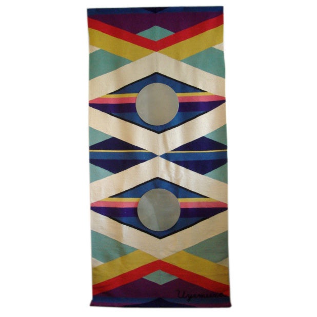 Vibrant 70
s Fiber Art Tapestry with Metal Discs by Ken Uyemura