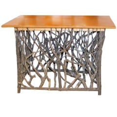 Natural Wood Branch Console Table with Leather Top