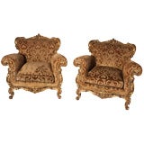 Antique Pair of Hand Carved and Gold Leafed Baroque Bergeres