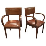Pair of French Art Deco Solid Chestnut and Leather Armchairs