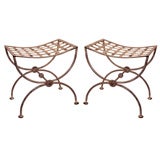 Antique Pair of French Curule Stools in Wrought Iron
