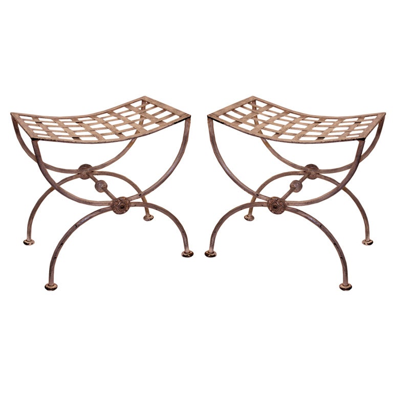 Pair of French Curule Stools in Wrought Iron