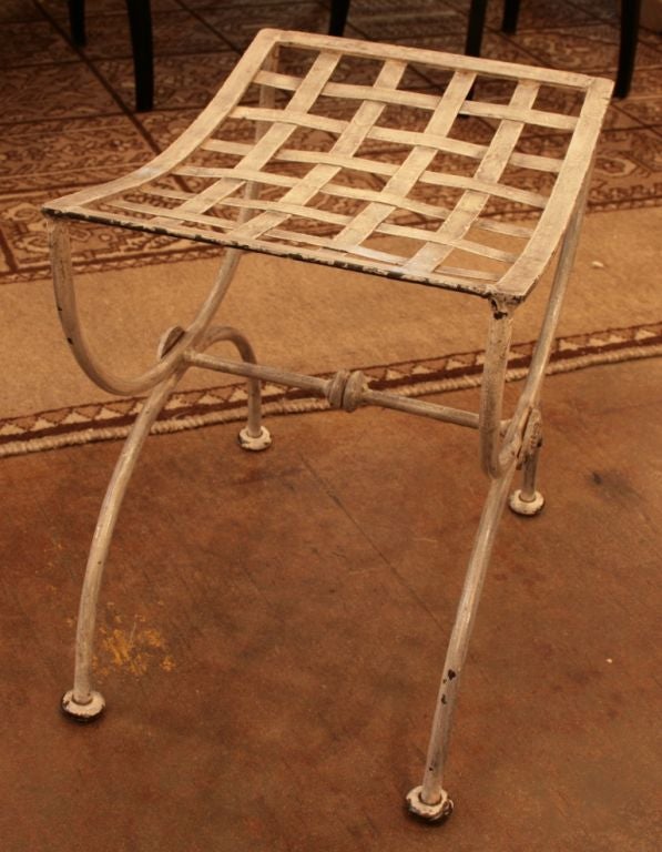 Beautiful pair of French antique hand painted wrought iron curule stools.