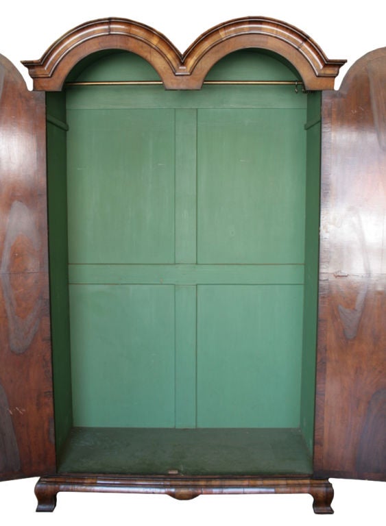 Stunning antique English solid walnut and burled walnut armoire.