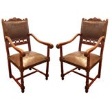Pair of French Renaissance Style Solid Walnut Armchairs