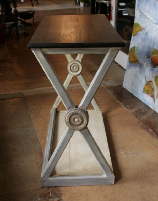 Pair of French console tables rebuilt with solid oak from a 19th century church pew, with hand painted bases.