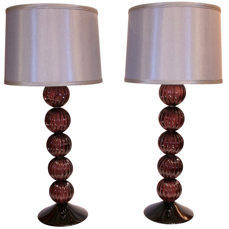 Pair of Italian Aubergine Murano Glass Lamps