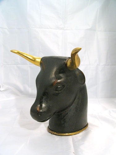 ITALIAN 1950'S EBONIZED WOOD AND BRASS BULL HEAD SCULPTURE