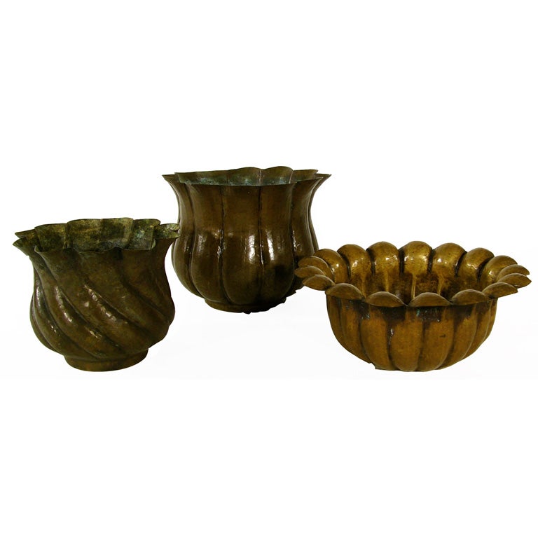 (3) ITALIAN HAMMERED BRASS VASES and BOWLS by Egidio Casagrande at 1stDibs