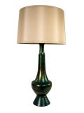 MID CENTURY IRIDESCENT GREEN METAL-LEAFED POTTERY & METAL LAMP