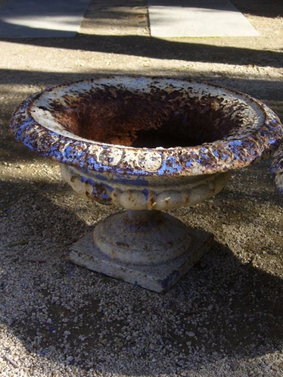 Pair of beautiful cast iron urns that have been covered with plaster and an indigo painted patina. Vintage condition.