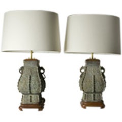 Pair of Patinated Bronze Asian Style Lamps 10