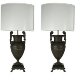Pair of Patinated Bronze Neoclassical Lamps 11