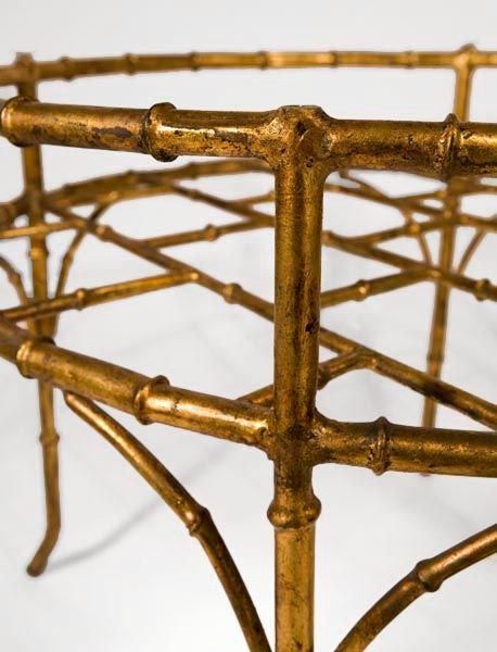 Italian Mid-Century faux bamboo gilded metal occasional table with glass top.