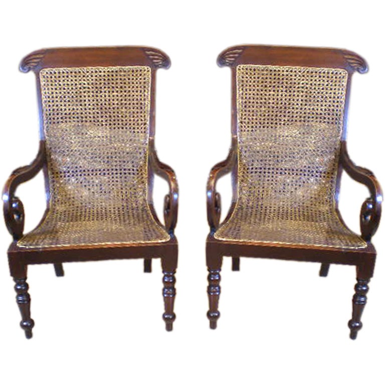 Pair of Mahogany British Colonial Cane Chairs