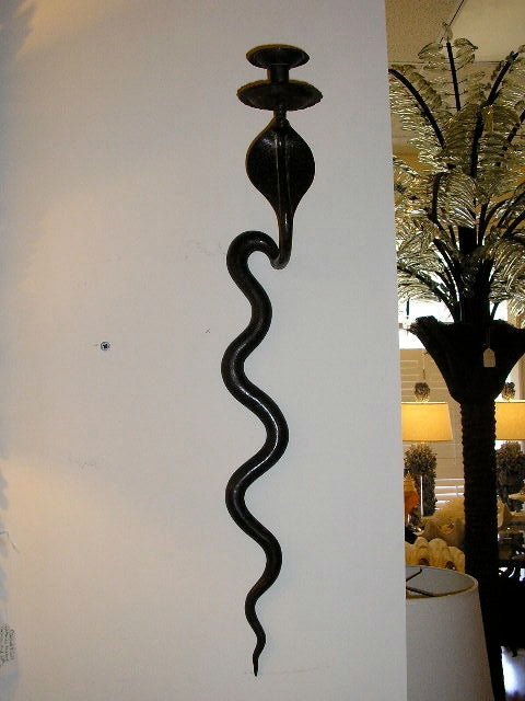 Pair of Exceptional Patinated & Etched Brass Cobra Wall Sconces