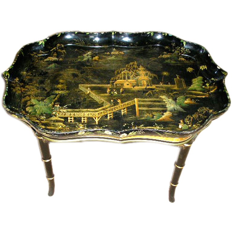 Early 19th C. English Signed Papier Mache Tray on Stand