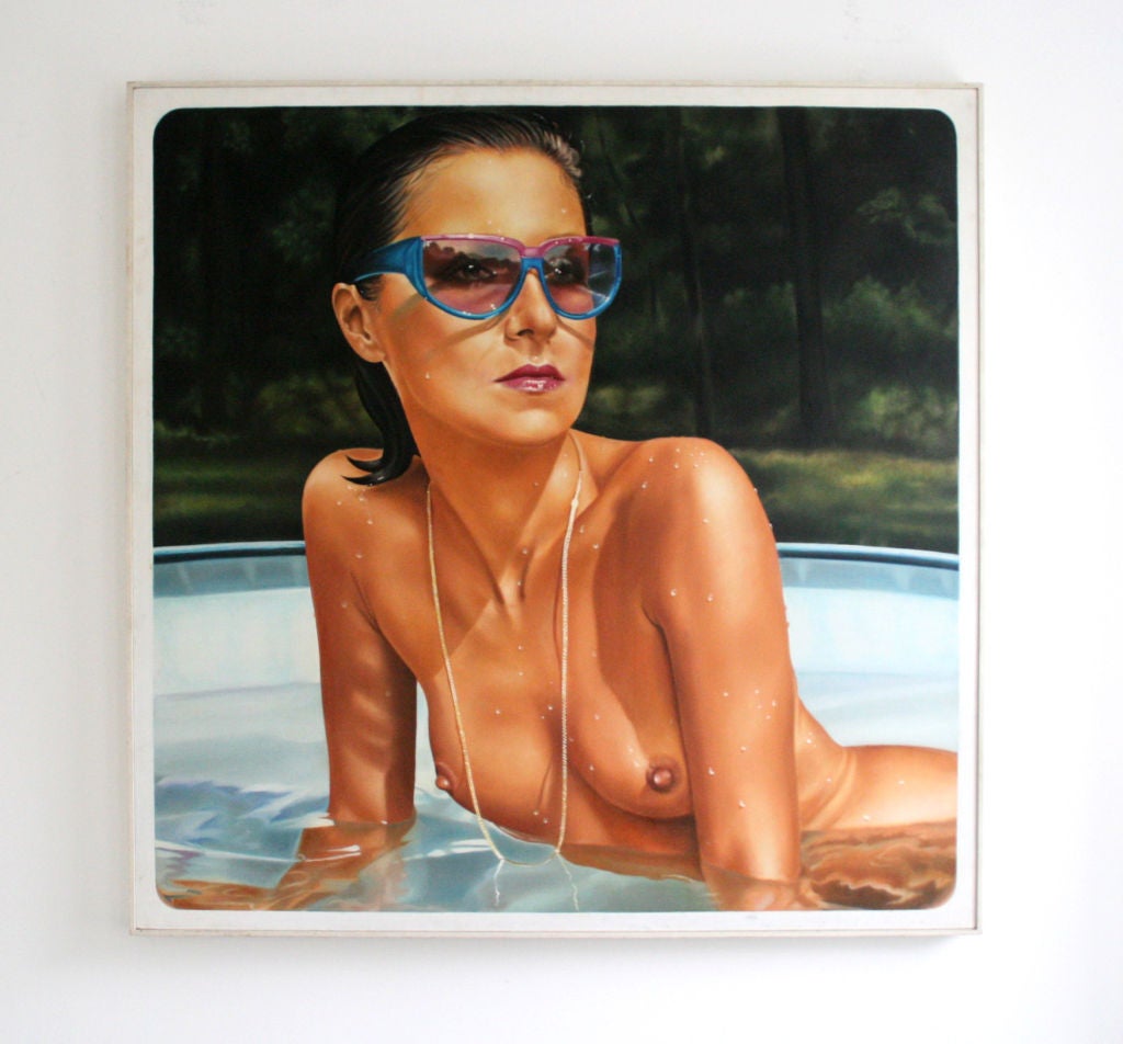 Finest example of American Contemporary Art. Large oil on canvas painting of a beautiful/sexy nude woman relaxing in a pool. Finest brush strokes capturing light reflections on her gold chain necklace, sunglasses, water drops on her skin, lips, and