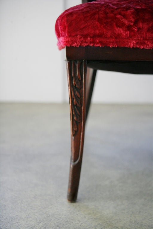 Pair of French Art Deco Mahogany Velvet Leaf Back Boudoir Chairs For Sale 3