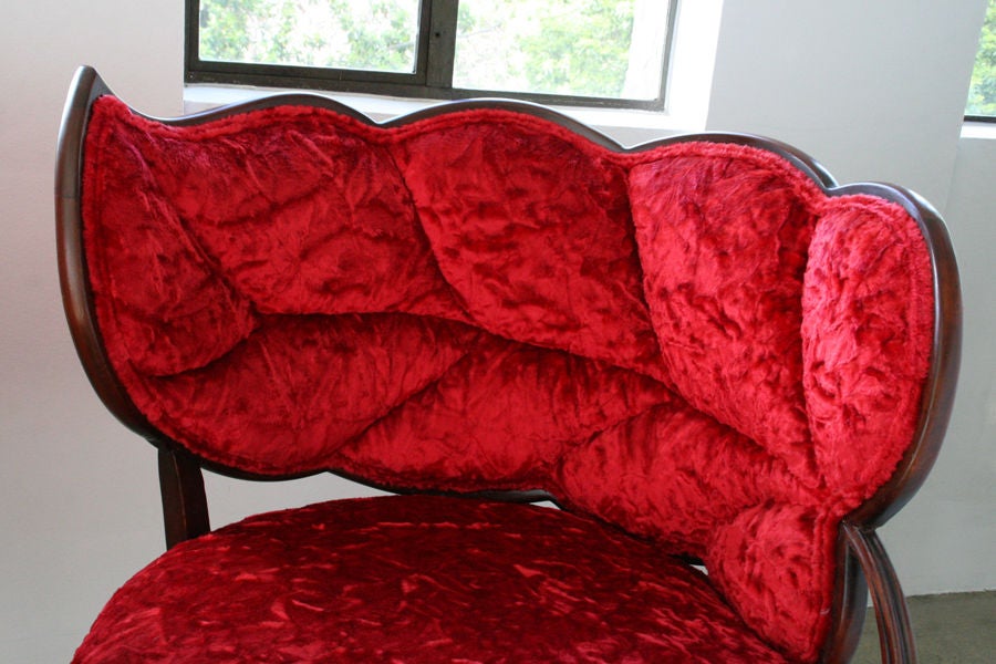 Pair of French Art Deco Mahogany Velvet Leaf Back Boudoir Chairs For Sale 1